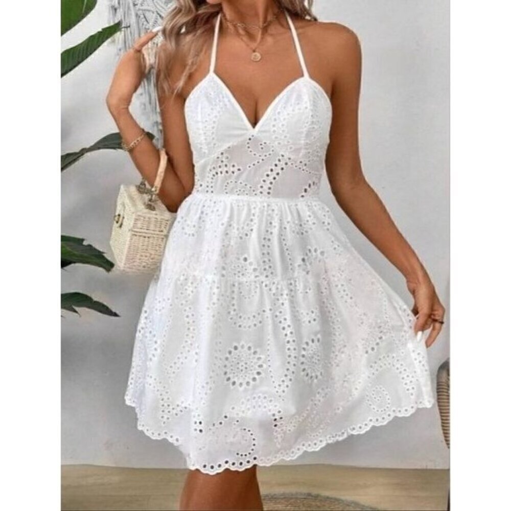 White Eyelet Halter Mini Dress – Open Back Summer Dress